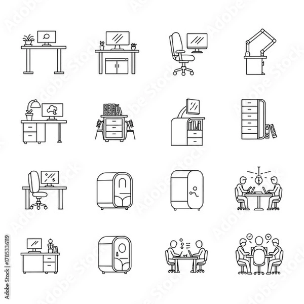 Fototapeta office furniture icons depicting modern workspaces collaborative meeting spaces and private pods promoting flexible work environments and employee well-being