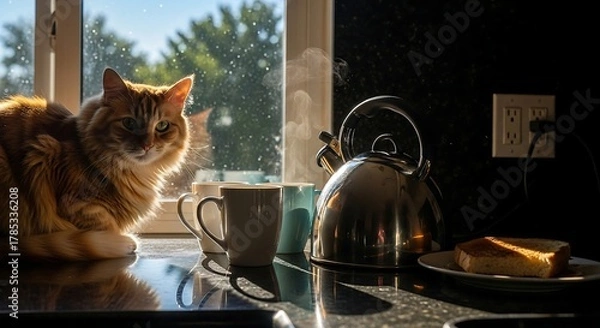 Fototapeta orange cat sitting by the window enjoying the morning sunlight with hot tea toast and kettles illustrating cozy domestic scene