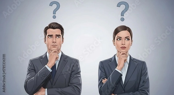 Fototapeta Confused business people pondering decision standing in contemplation against a gray backdrop conceptualizing strategic planning and problem-solving.