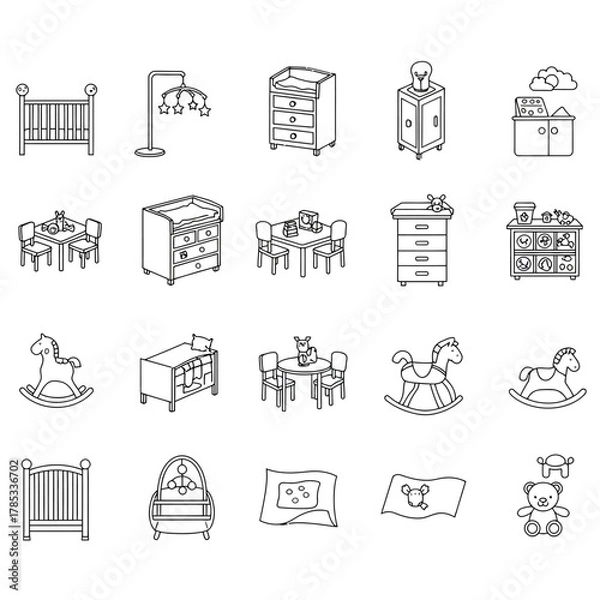 Fototapeta baby furniture icons outlined drawings of a nursery with cots rocking horses changing tables and tables for use in designs for childrens stores