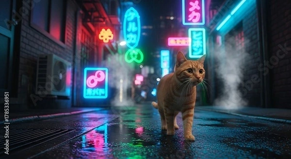 Obraz ginger cat walking in a neon cyberpunk alleyway reflecting city lights on the wet pavement perfect for urban lifestyle and tech blogs