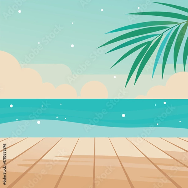 Fototapeta Wooden Deck Overlooking Turquoise Ocean and Palm Frond