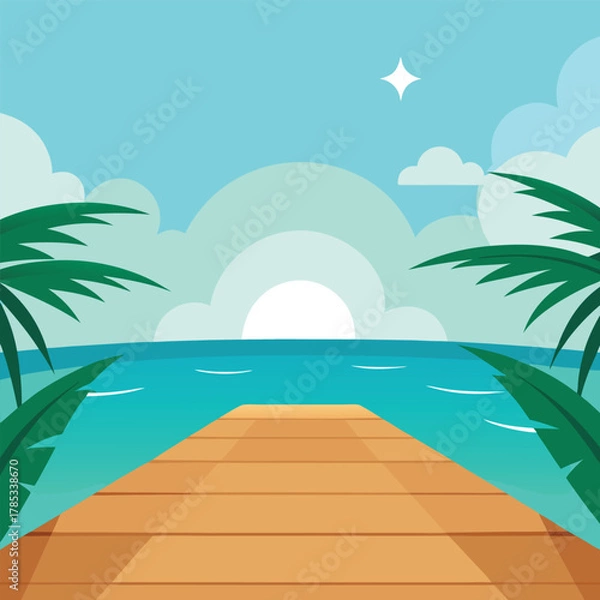 Obraz Wooden Pier on Tropical Beach with Palm Trees and Sunrise Keywords: beach, ocean, sea, pier