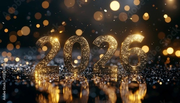 Obraz Sparkling Gold 2026 New Year Numbers on Reflective Surface with Glowing Lights and Bokeh Background Isolated on White png Download for Social Media Advertisement Banner