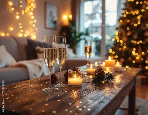 Obraz Elegant Christmas dinner table setup with candles, christmas tree and festive decorations