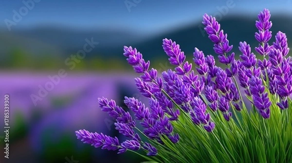 Obraz Close Up Of Vibrant Purple Lavender Flowers Blooming In A Field With Soft Focus Distant Hills And Blue Sky Overhead With Bright Sunlight