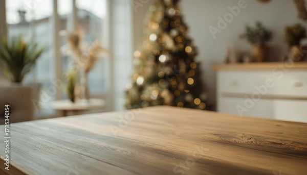 Fototapeta Rustic wooden table with blurred Christmas background
