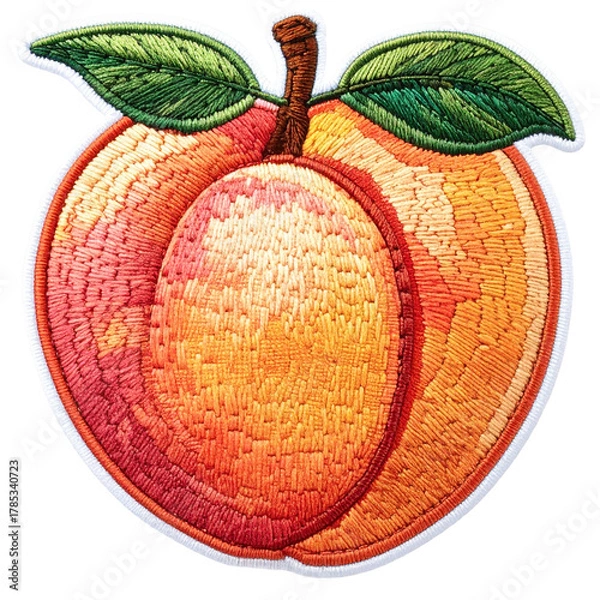 Fototapeta embroidered peach patch sticker, stitched patchwork icon isolated on white transparent background