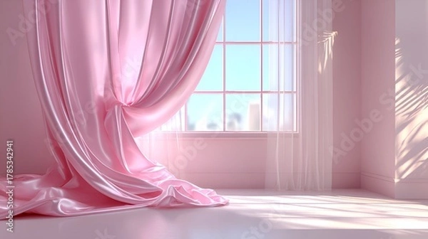 Obraz Elegant soft pink satin curtain gently cascades in a sunlit room with a view through a window pane.