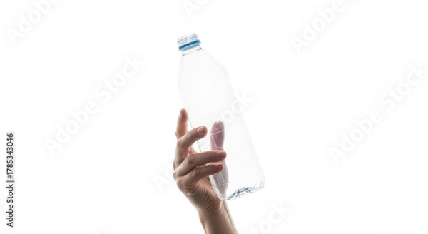 Obraz Clear Plastic Bottle held by Hand Isolated on White Fresh Water Container Hydration Thirst Quench Eco Lifestyle Recycling Concept Resource