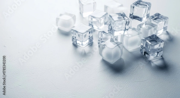 Obraz Clear Ice Cubes on White Surface Refreshment Concept Chilled Cooling Beverage Ingredient Abstract Frozen Water Texture Modern Minimalist Still