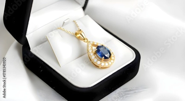 Obraz Luxury Gold Teardrop Pendant Necklace with Blue Sapphire and Diamond Accents in Velvet Box