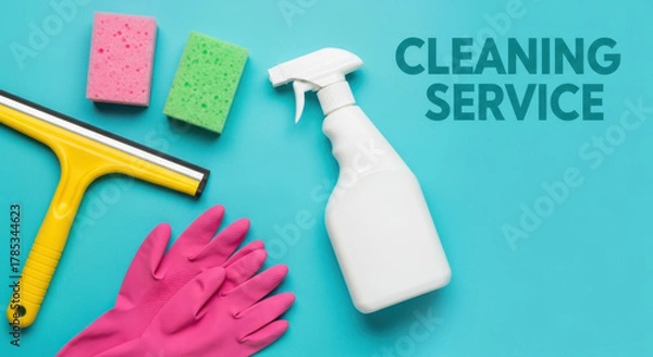 Obraz Cleaning Service Essential Tools for Home Spring Cleaning Hygiene Tools for Housework Cleanliness Products Concept Top View Flat Lay on Blue Backdrop