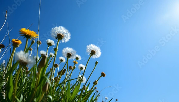 Fototapeta Field with dandelions and blue sky, studio lighting. White tone