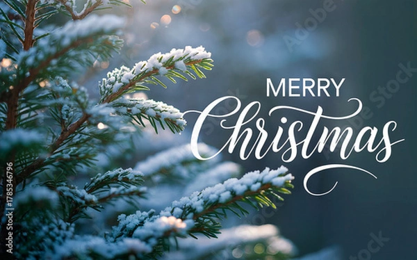 Fototapeta Snowy Pine Branch with Merry Text