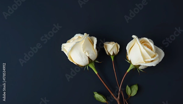 Fototapeta Two dried white roses on dark blue background, flowers still life  close-up, flat lay with copy space for text, asian style. White tone