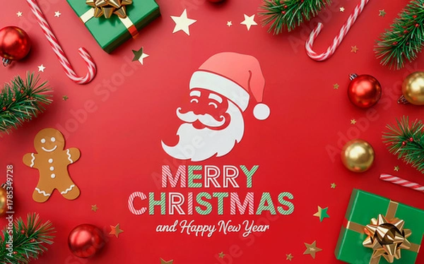 Fototapeta Red Santa Flatlay with Text MERRY CHRISTMAS