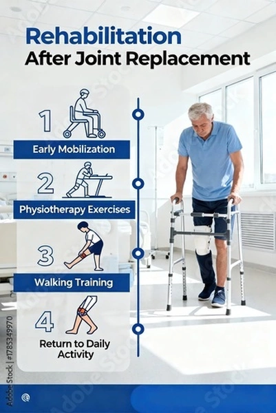Obraz Joint Replacement Recovery Steps Senior Man Using Walker After Surgery