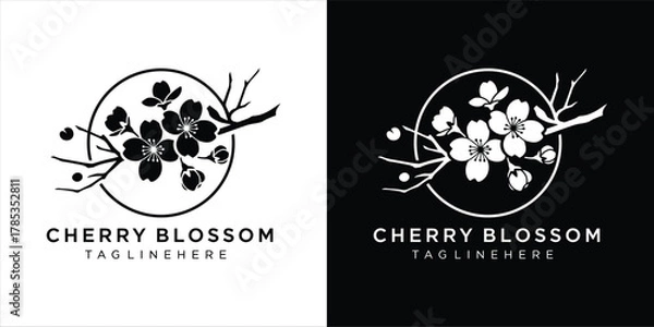 Fototapeta Elegant Japanese cherry blossom branch logo design. Minimalist sakura flower icon in a circle template