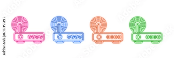 Fototapeta Neon glowing Wi Fi router vector icons set, wireless network, internet modem, data connection, glowing digital signal, vibrant tech design.	