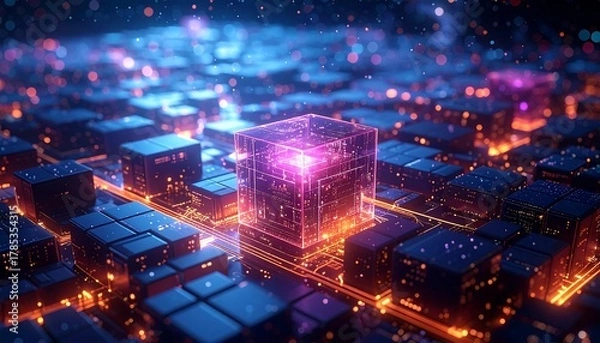 Fototapeta Futuristic Cityscape with Glowing Cube and Abstract Architecture.