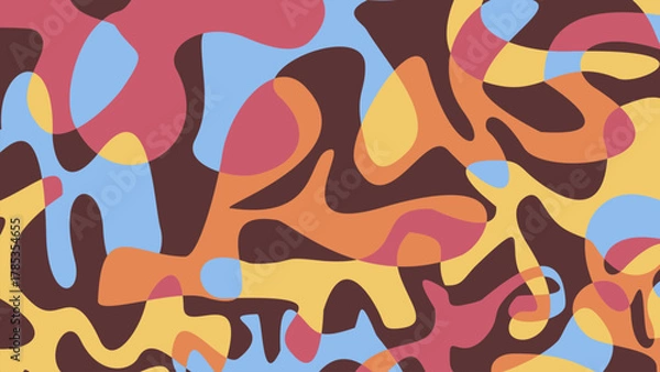 Obraz Seamless Organic Blob Pattern in 70s Retro Style: Abstract Colorful Background with Overlapping Curvy Shapes in Warm Brown, Yellow, Orange, Red, and Blue Tones
