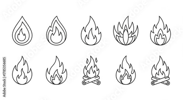 Obraz Set of fire flame icons simple outline vector design elements isolated on white background