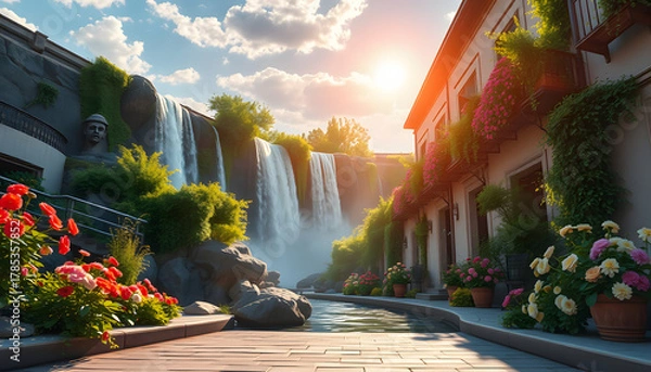 Fototapeta Beautiful view of the street with waterfalls, in flowers and sunshine. Digital fresco, mural. Wallpaper, flat design. White tone