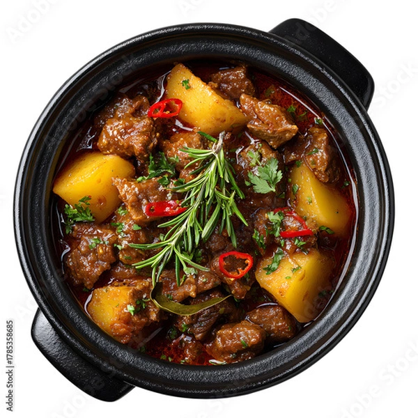 Fototapeta Delicious beef stew with potatoes, rosemary, and chili peppers in a pot  on white background.
