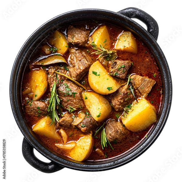 Fototapeta Hearty beef stew with potatoes and herbs in a cast iron pot  on white background.