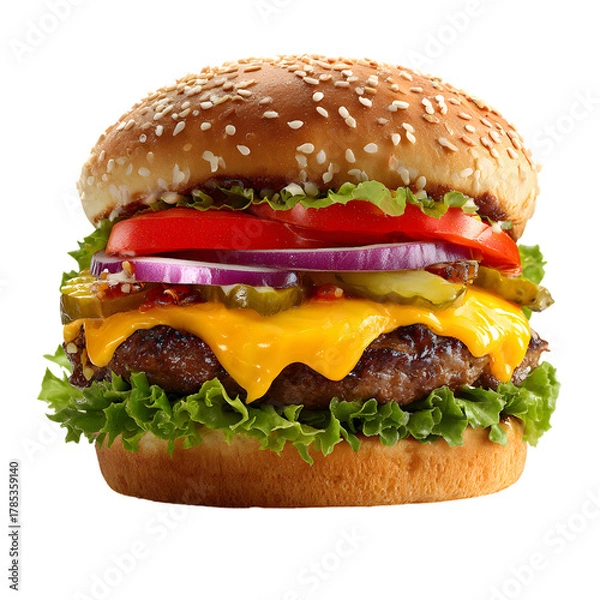 Fototapeta Delicious cheeseburger with fresh toppings  on white background.