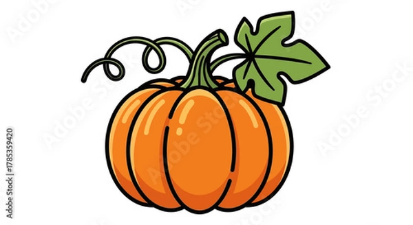Fototapeta Illustration of a pumpkin with a green leaf and curly vines, outlined in black.