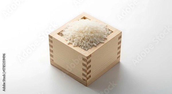 Fototapeta A wooden box filled with white rice, isolated on white background background image