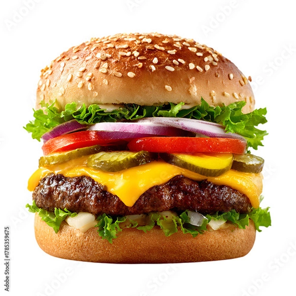 Fototapeta Delicious cheeseburger with fresh toppings  on white background.