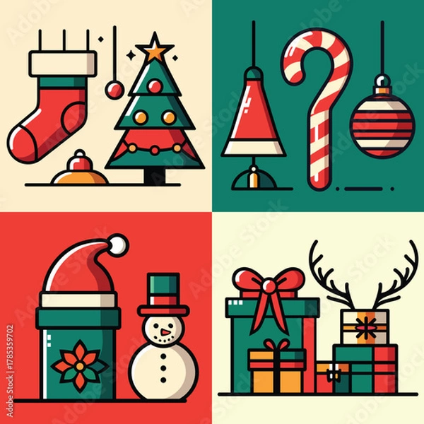 Fototapeta Flat Christmas Icon Set Vector Festive Holiday Elements in Modern Style