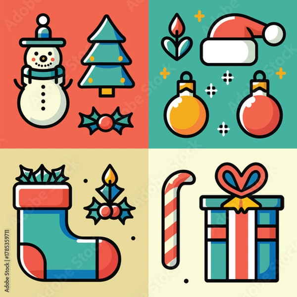 Obraz Flat Christmas Icon Set Vector Festive Holiday Elements in Modern Style