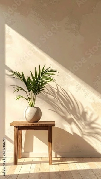 Fototapeta Potted palm casts shadows on wall in bright light