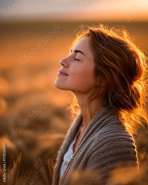 Obraz Serene Woman with Closed Eyes in Golden Wheat Field at Sunset