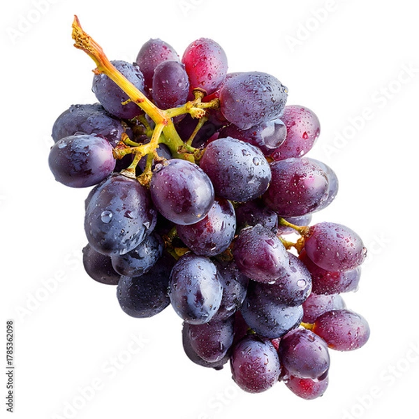 Fototapeta Fresh bunch of dark grapes with water drops  on white background.