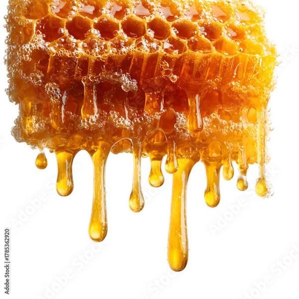 Fototapeta Closeup of dripping honey from a honeycomb  on white background.