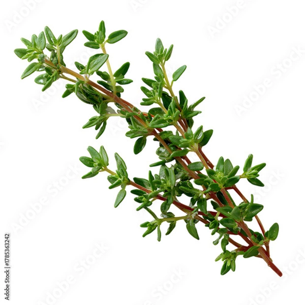 Fototapeta Sprig of fresh thyme, aromatic culinary herb  on white background.