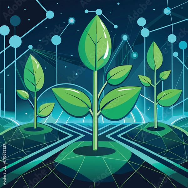Fototapeta Futuristic Digital Plants Connected by Network Lines Keywords: plants, growth, digital