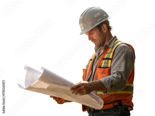 Fototapeta Construction worker in hardhat and safety vest reading blueprints isolated on transparent background