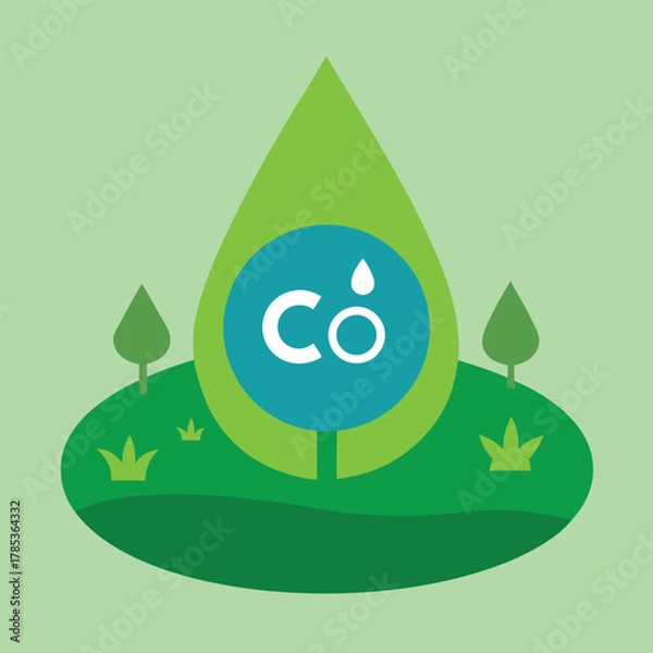 Fototapeta Green Drop Symbol with C O2 and Trees on Hill carbon dioxide