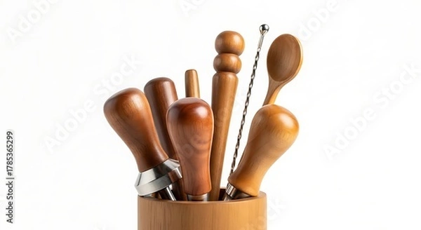 Obraz Wooden Bar Tools Set in Holder on White Background.