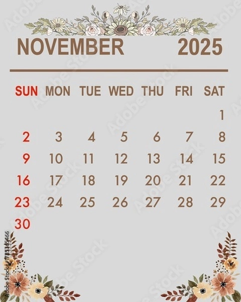 Obraz Autumn-themed November Calendar with Falling Leaf Illustrations