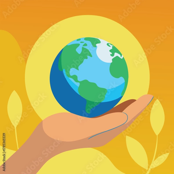 Fototapeta Hand Cupping Planet Earth with Yellow and Orange Background Keywords: hand, cupping, planet