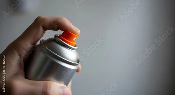 Obraz Hand holding a spray can with orange nozzle against a white background