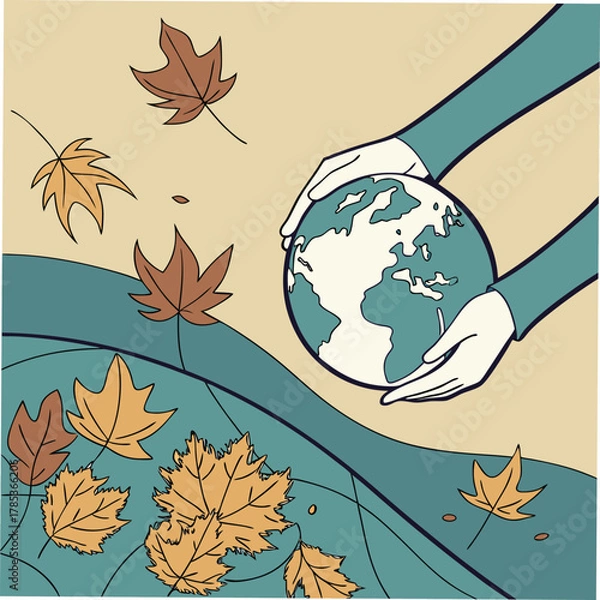 Fototapeta Hands cradling the Earth amidst falling autumn leaves