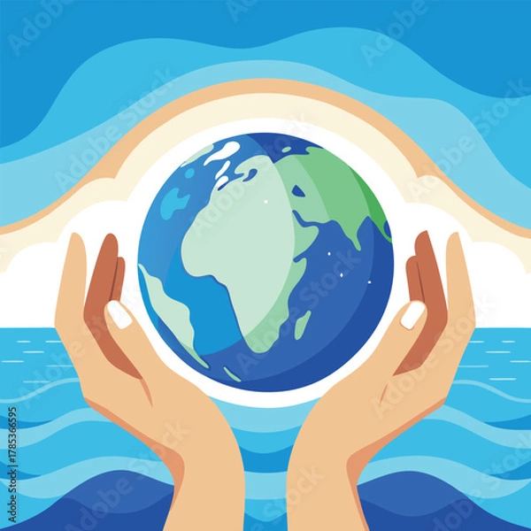 Fototapeta Hands holding planet Earth above ocean waves and rainbow